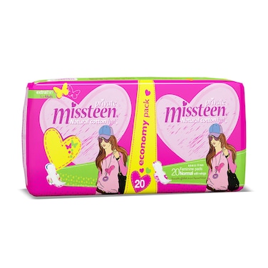 Private Miss Teen Natural Cotton Feel 20 Feminine Pads with Wings Nornal Economy Pack