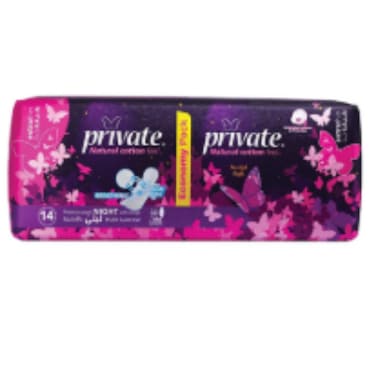 Private Natural Cotton Feel Extra Thin 14 Feminine Pads with Wings Night Economy Pack