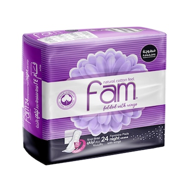 Fam Natural Cotton Feel Folded Maxi Thick with Wings 24 Feminine Pads Night
