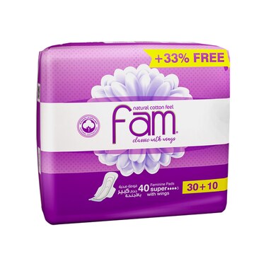 Fam Natural Cotton Feel Classic with Wings 40 Feminine Pads Super