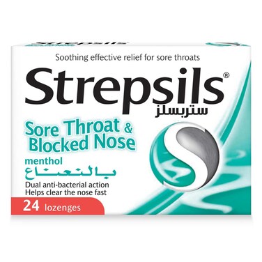 Strepsils Menthol, Soothing Effective Relief for Sore Throats &amp; Blocked Nose, 24 Lozenges