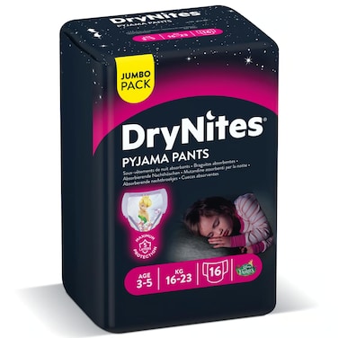Huggies DryNites Pyjama Pants 3-5 Years Bed Wetting Diaper Girl 16-23 kg Jumbo Pack 16 Pants