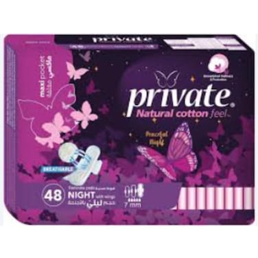 Private Natural Cotton Feel Maxi Pocket 48 Feminine Pads Night with Wings Super 3D Fit Core