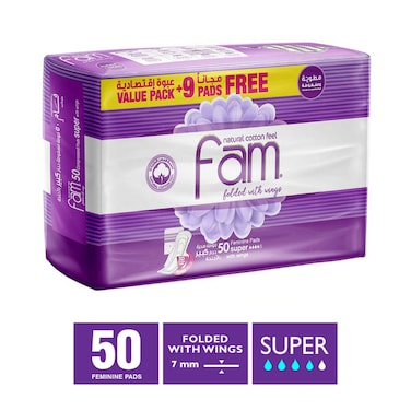 Fam Natural Cotton Feel Folded  with Wings 50 Feminine Pads Super