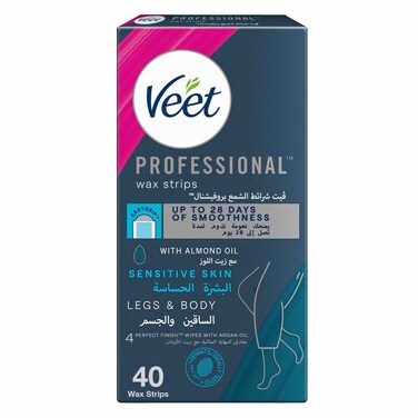 Veet Professional Hair Removal Wax Strips for Sensitive Skin Legs &amp; Body, 40 Strips