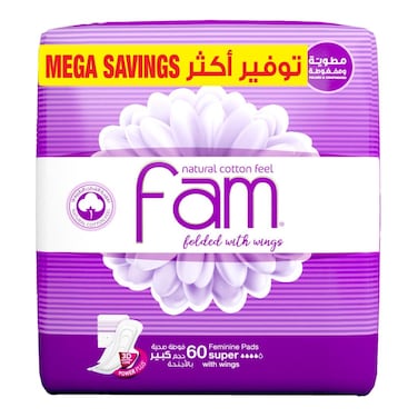 Fam Natural Cotton Feel Mega Savings Folded  with Wings 60 Feminine Pads