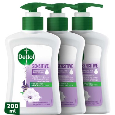 Dettol Sensitive Liquid Handwash Pump, Lavender &amp; White Musk Scent, 200ml x 3