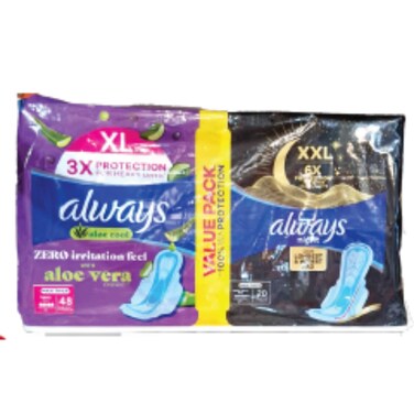 Always Sensitive Aloe Vera Skin Protection Maxi Thick 3X  Pads 48 and Night Maxi Thin XXL Sanitary Pads 20 Pieces