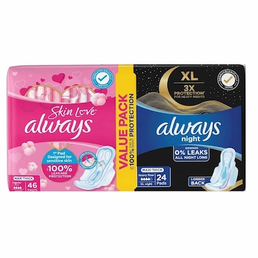 Always Sensitive Aloe Vera Skin Protection Maxi Thick 3X  Pads 48 and Night Maxi Thin XXL Sanitary Pads 20 Pieces