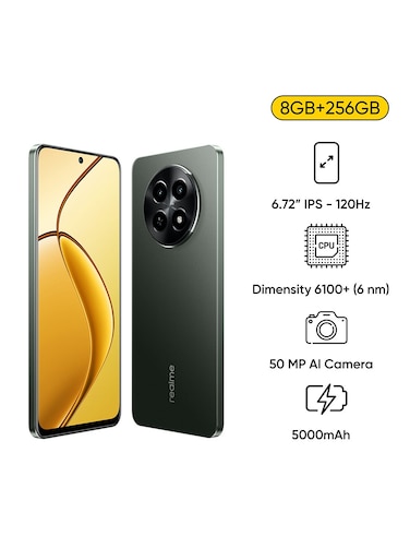 ريلمي 12x باللون الأسود المتوهج، بشريحتي اتصال، ذاكرة رام سعة 8 جيجابايت، ذاكرة داخلية 256 جيجابايت، يدعم تقنية الجيل الخامس - إصدار الشرق الأوسط