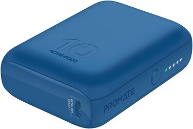 بنك طاقة صغير Promate بسعة 10000 مللي أمبير، شاحن USB C محمول بقوة 20 واط QC 3.0، 22.5 واط، باللون الأزرق.