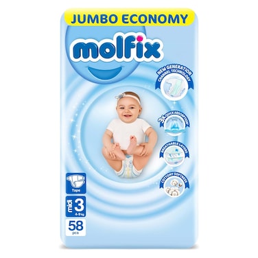 Molfix Baby Diapers Size 3 Midi 4-9 Kg - 58 Diapers