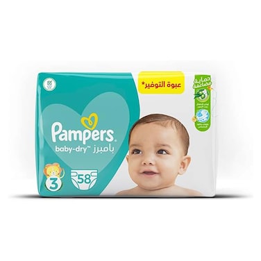 بامبرز بيبي دراي حفاضات أطفال - مقاس 3 - حجم متوسط - 6-10 كجم - 58 حفاضة