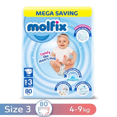 Molfix Baby Diapers with Unique 3D Technology, Midi, Size 3 - 80 Diapers