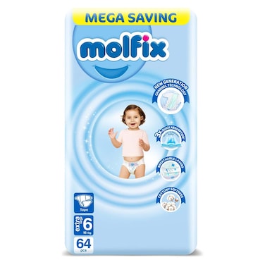 Molfix Baby Diapers - Size 6 X-Large 15+ kg - 64 Diapers