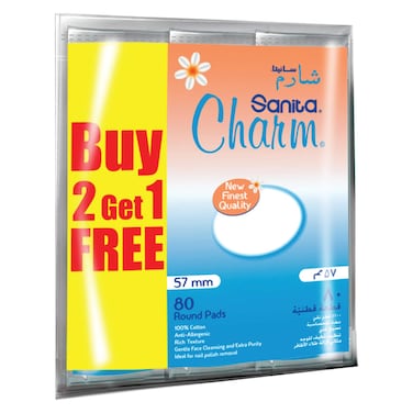 Sanita Charm Round Cotton Pads - 80 Pieces - Pack of 2+1