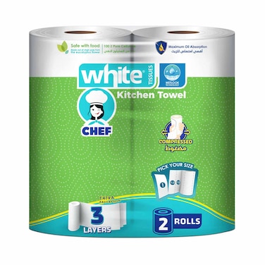 White Chef Kitchen Towel - 2 Rolls