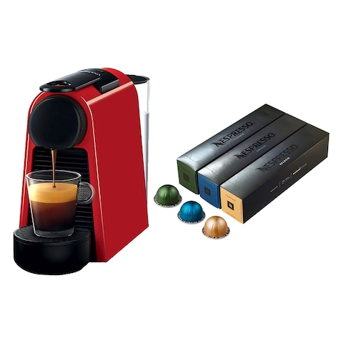 Nespresso Essenza Mini Coffee Machine 0.6 Liters 19 Bar  - Red - D30-EU2-RE-NE2 + 30 Free Coffee Capsules