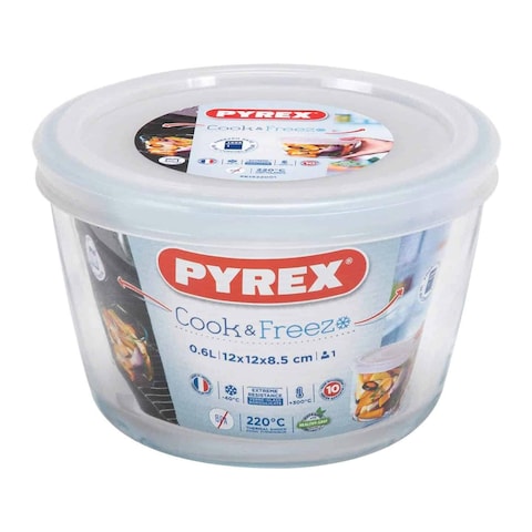 Pyrex Cook &amp; Freeze Glass Round Dish with Plastic Lid - 0.60 Liter - 12 Cm