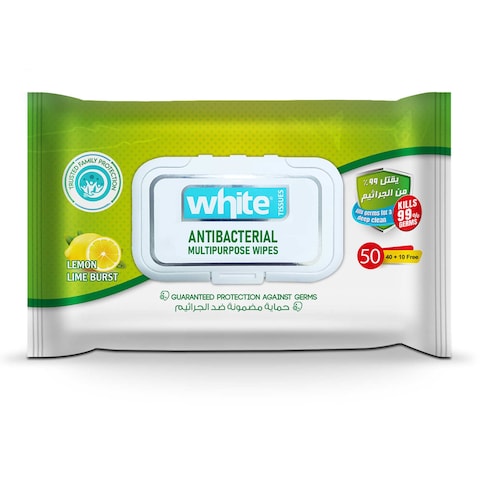 White Wipes Antibactrial - 50 Wipes - Lemon Scent