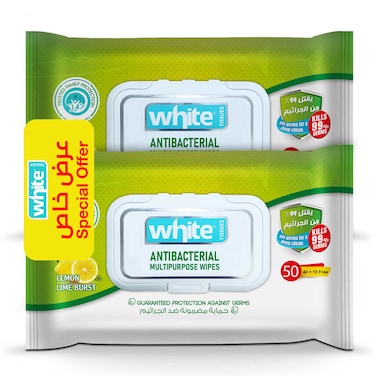 White Antibactrial Wipes- 50 Wipes - Lemon Scent - 2 Pieces