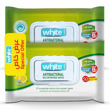 White Antibactrial Wipes- 50 Wipes - Lemon Scent - 2 Pieces