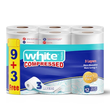 وايت مناديل تواليت مضغوطة - 3 طبقات - 12 بكرة