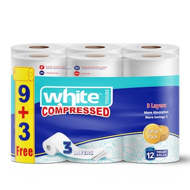 White Compressed Toilet Rolls - 3 Ply - 12 Rolls