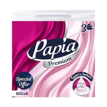 Papia Premium Tissues - 3 Ply - 500 Tissues - 6 Pieces