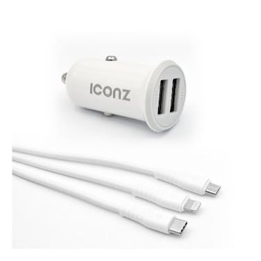 شاحن سياره ايكونز مزدوج مع كابل 3 في 1 - ابيض