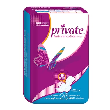 Private Maxi Pocket Sanitary Pads with Wings - Super Size - 26 Pads