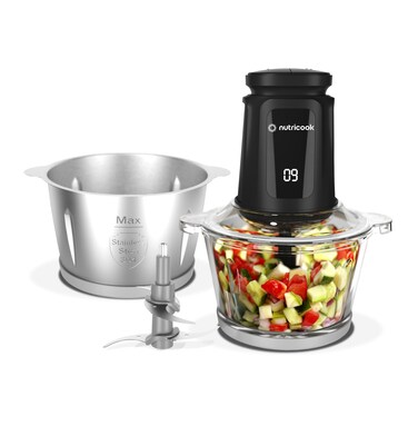 Nutricook Electric Food Chopper &amp; Mincer, 2L Glass &amp; 2L Stainless Steel Bowl, 500W, 2 Speeds, 2x 4-Blade set for Onion &amp; Vegetable Chopping, Meat Mincing, Ice Crushing, Grinding, Puree