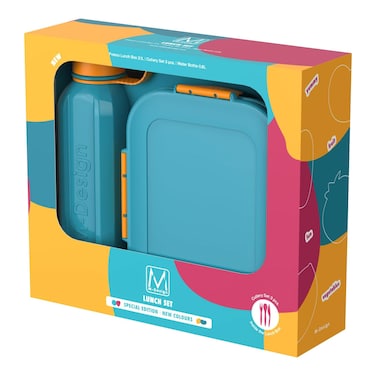 ام-ديزاين طقم غداء مكون من لانش بوكس سعة - 2.1 لتر + زجاجة مياه - 800 مل - ازرق مخضر/برتقالي