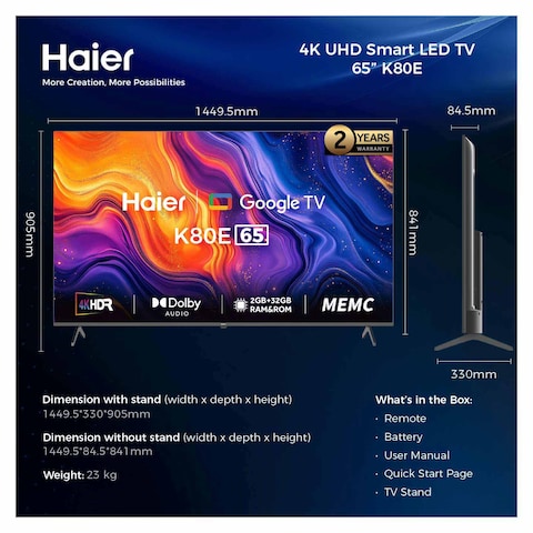Haier 65-inch 4K UHD Smart TV with Built-in Receiver - H65K80EU