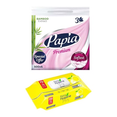 Papia Premium Bamboo Tissues - 500 Tissue - 6 Pieces + Extra Hygiene Wipes with Lemon Scent - 80 Wipes