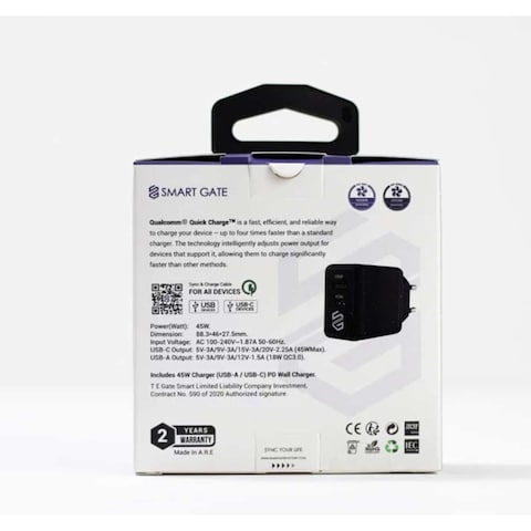 شاحن سمارت جيت - منفذ شحن مزدوج USB-A و USB-C - 45 واط - أسود - 45CAGANB