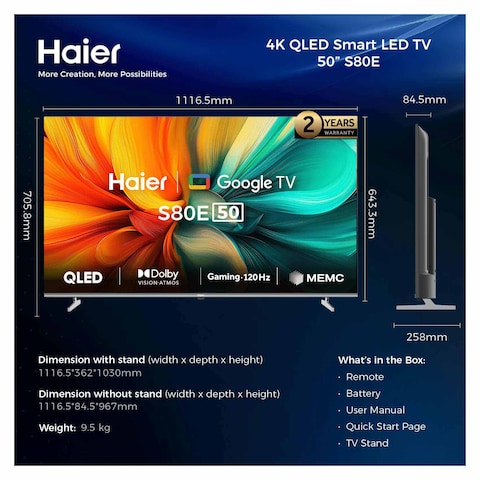 Haier 50-inch 4K UHD QLED Smart TV with Built-in Receiver - H50S80EU
