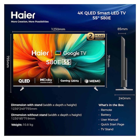 Haier H55S80EU 55-inch 4K UHD QLED Smart TV with Built-in Receiver