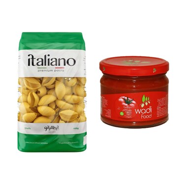 ايطاليانو مكرونة صدف - 400 جرام + وادي فود صلصة طماطم - 320 جرام