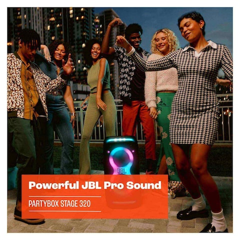 JBL PartyBox Stage 320 Bluetooth Speaker with Telescopic Handle and Wheels - Black