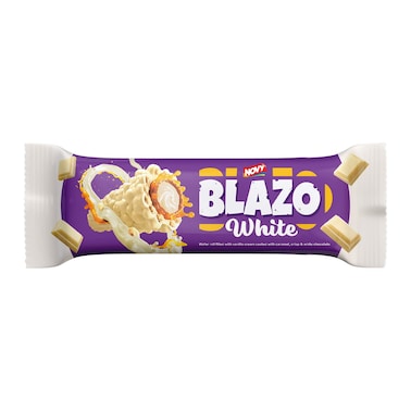 ويفر بليزو وايت المحشو بكريمة الفانيليا ومغطى بالكراميل والشوكولاتة البيضاء