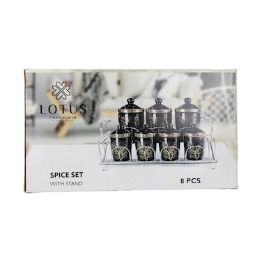 طقم توابل لوتس بورسلين بحامل - 8 قطعة