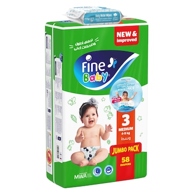 Fine Baby Diapers - Size 3 Medium - 58 Diaper with Easy Care Wipes - 20 Wipes