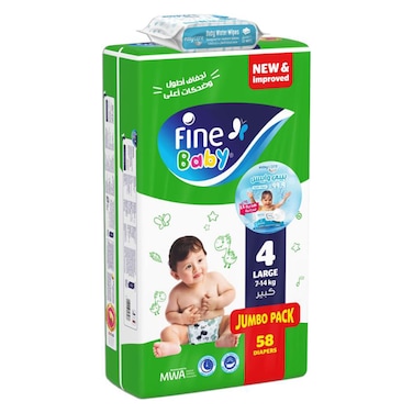 Fine Baby Diapers - Size 4 Large - 58 Diaper with Easy Care Wipes - 20 Wipes
