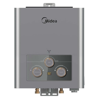 Midea MGWH06-12MZLEG(S) Gas Water Heater, 6 Liter Capacity, Grey Color, Bomb Gas, Dual-Ignition, Digital 3 Nobs, X'Battery For Type C Module