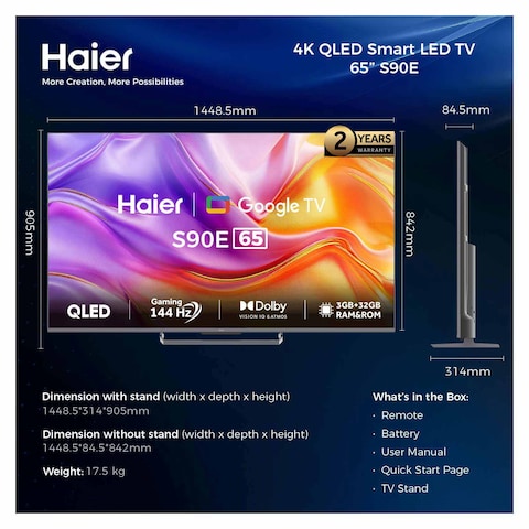 تليفزيون هاير 65 بوصة 4K فائق الدقة كيوليد سمارت بريسيفر مدمج - H65S90EU