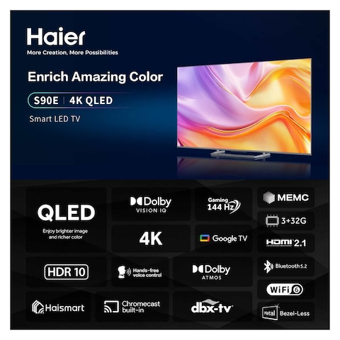 تليفزيون هاير 65 بوصة 4K فائق الدقة كيوليد سمارت بريسيفر مدمج - H65S90EU