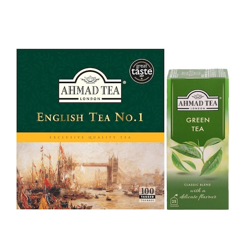 Ahmad Tea English Breakfast - 100 Tea Bags + Ahmad Tea Green Tea - 25 Tea Bags