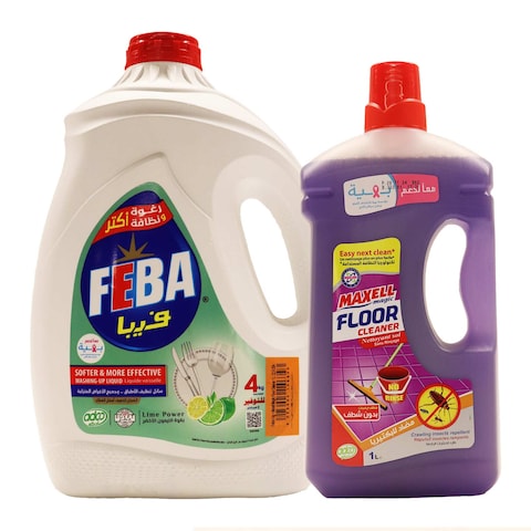 Feba Dishwashing Liquid With Lemon - 4 Liter + Maxell Floor Cleaner - 1 Liter