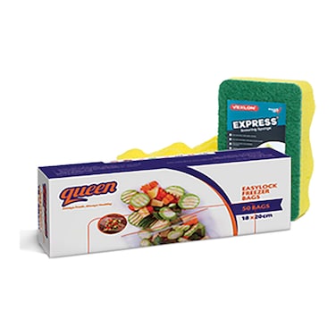 Queen Easy Lock Freezer Bags 50 Bags + Scouring Sponge